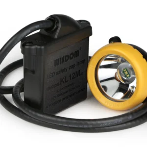 Lámpara minera WISDOM KL12M con cable y batería externa certificada ATEX para minería subterránea.
