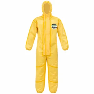 Overol protección química industrial Lakeland ChemMax 1 amarillo de cuerpo completo con capucha