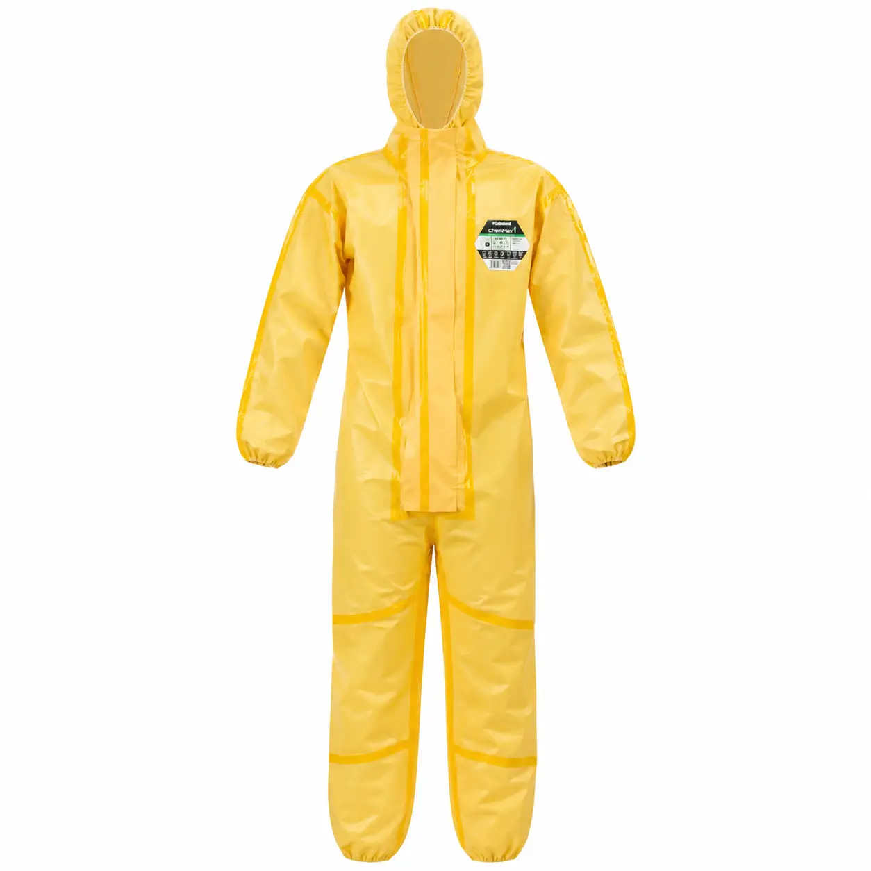 Overol protección química industrial Lakeland ChemMax 1 amarillo de cuerpo completo con capucha