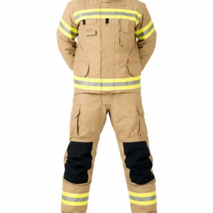 traje bombero estructural NFPA vista frontal con diseño ergonómico y cinta reflectiva