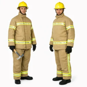 Bomberos usando traje ignífugo beige con cintas reflectivas en operación industrial