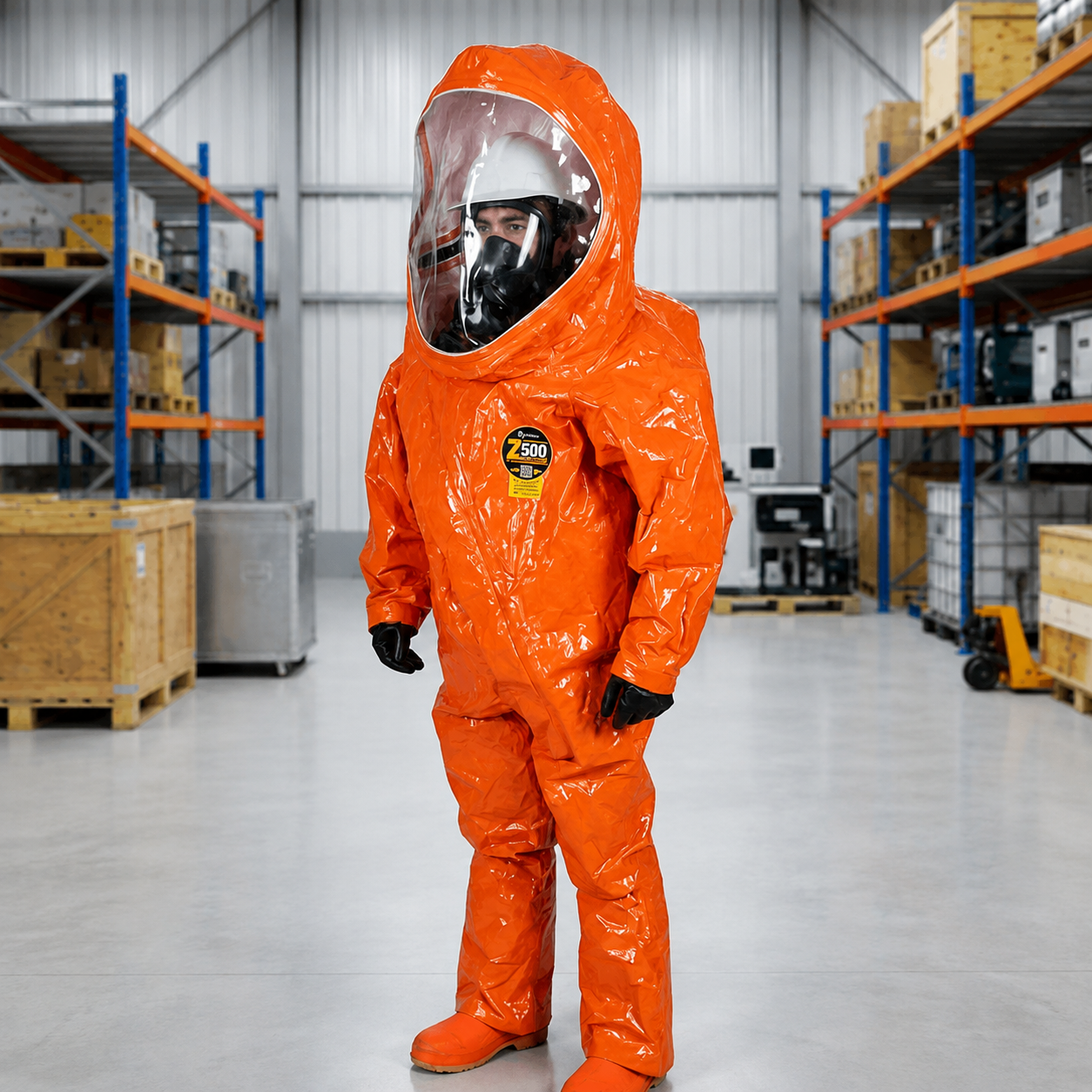 Traje encapsulado nivel A naranja utilizado en entorno industrial para respuesta HazMat y emergencias químicas