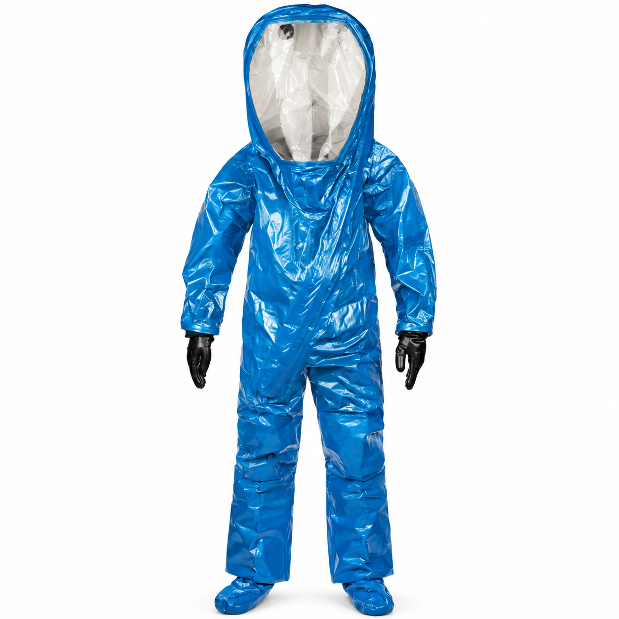 Traje encapsulado nivel A azul con visor frontal para protección química y operaciones HazMat