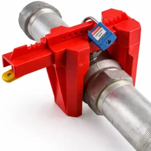 Dispositivo bloqueo válvula bola ajustable instalado en válvula industrial para procedimiento de seguridad LOTO