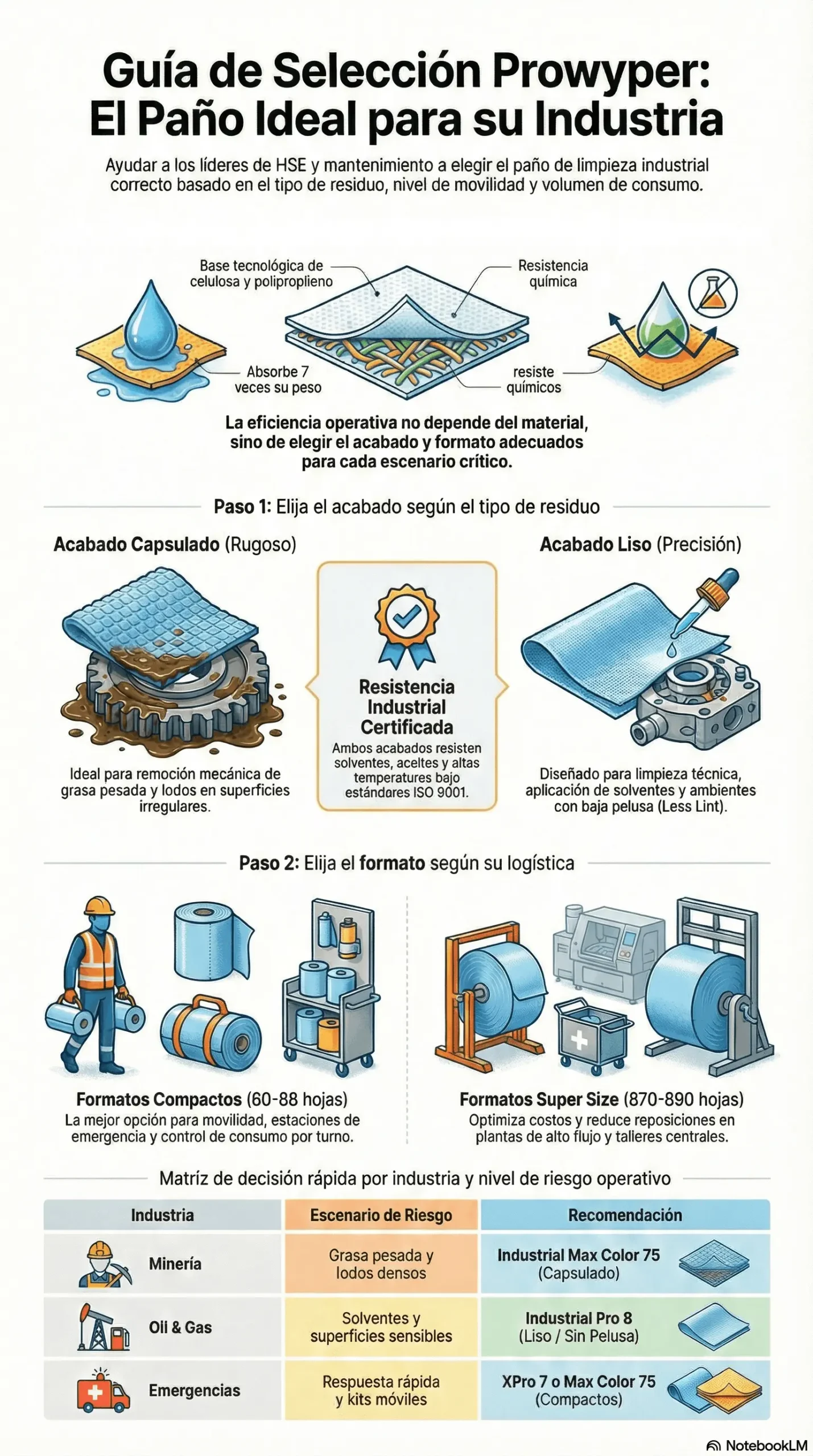 Guía de selección de paños de limpieza industrial Prowyper capsulado vs liso para minería, oil and gas y emergencias