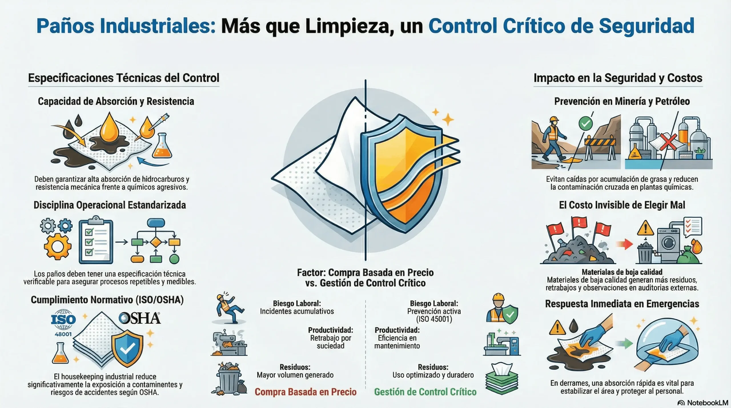 Infografía sobre paños industriales como control crítico de seguridad en minería y petróleo, mostrando absorción de hidrocarburos, cumplimiento ISO y prevención de riesgos.