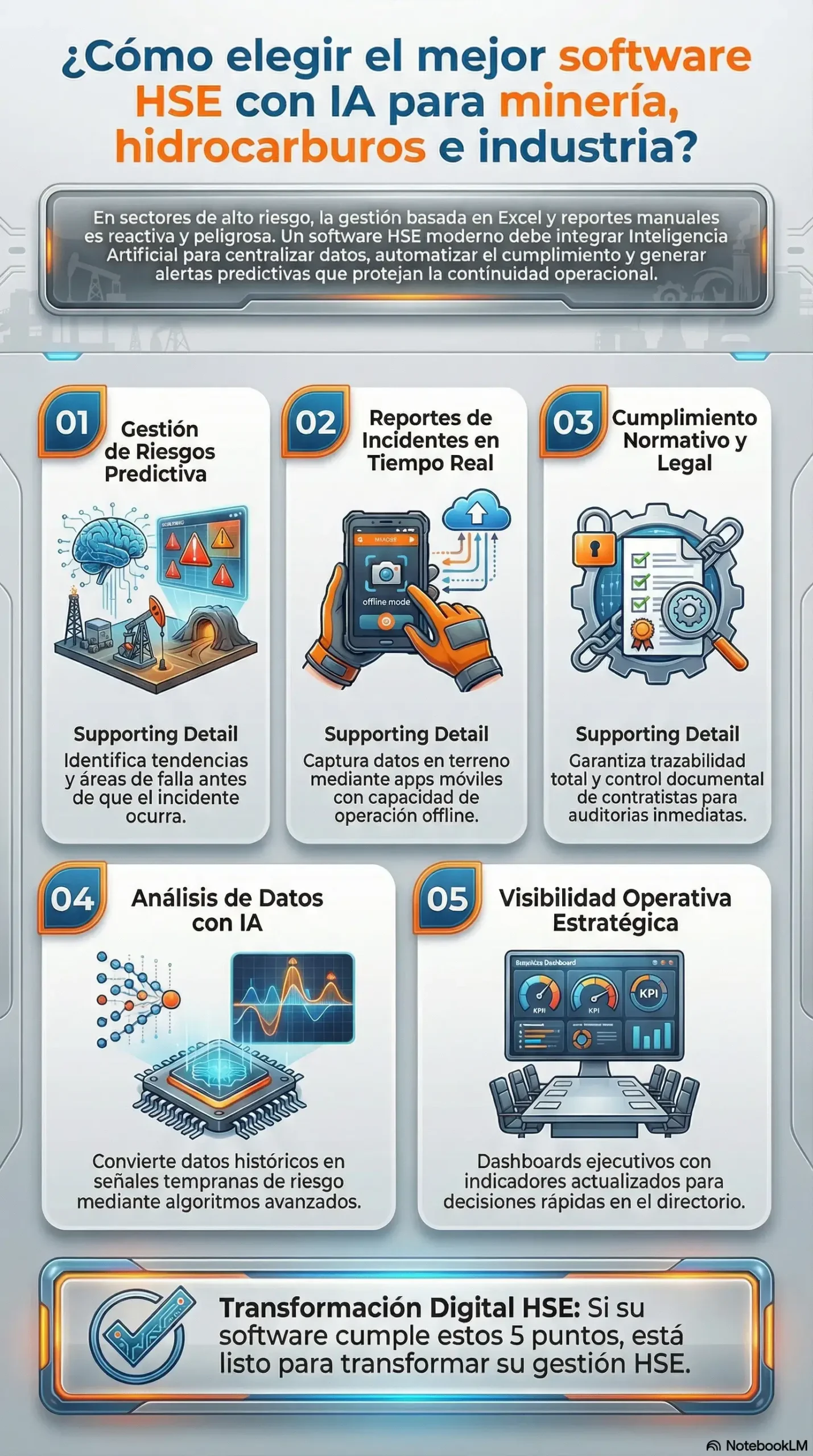 Infografía sobre cómo elegir un software HSE con IA para minería, hidrocarburos e industria, mostrando gestión de riesgos predictiva, reportes en tiempo real, cumplimiento normativo, análisis de datos y dashboards ejecutivos.
