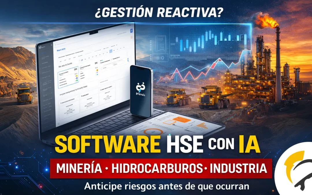 Software HSE con IA para minería, hidrocarburos e industria mostrando dashboard digital de Prevsis y operación industrial.