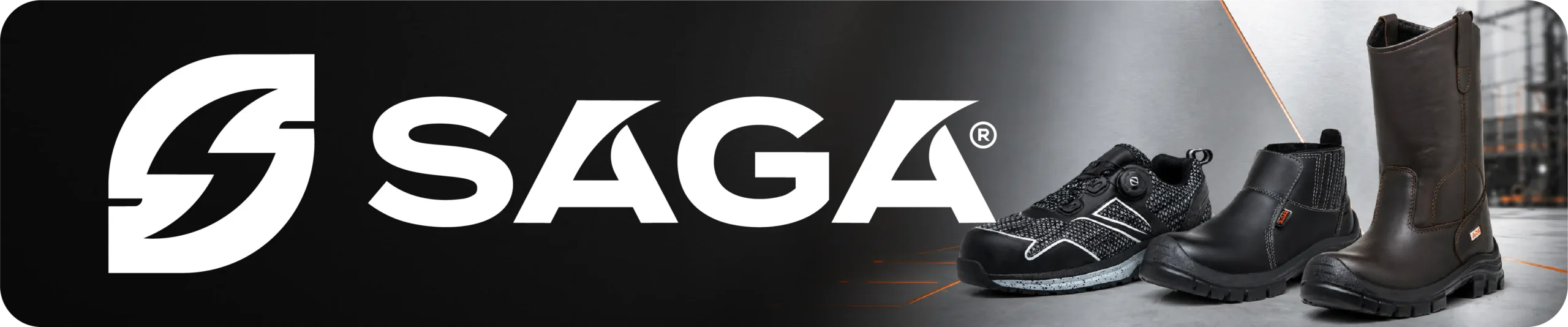 Banner de calzado de seguridad SAGA con botas industriales y zapato técnico para dotación empresarial