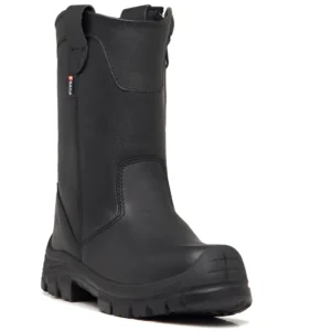 Bota seguridad SAGA 3061 en vista frontal con puntera reforzada y diseño industrial negro