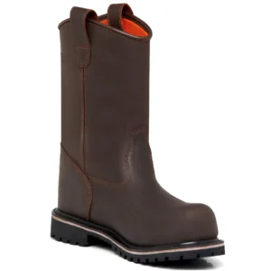 Bota soldador dieléctrica SAGA en perspectiva, con caña alta, cuero marrón y puntera de seguridad