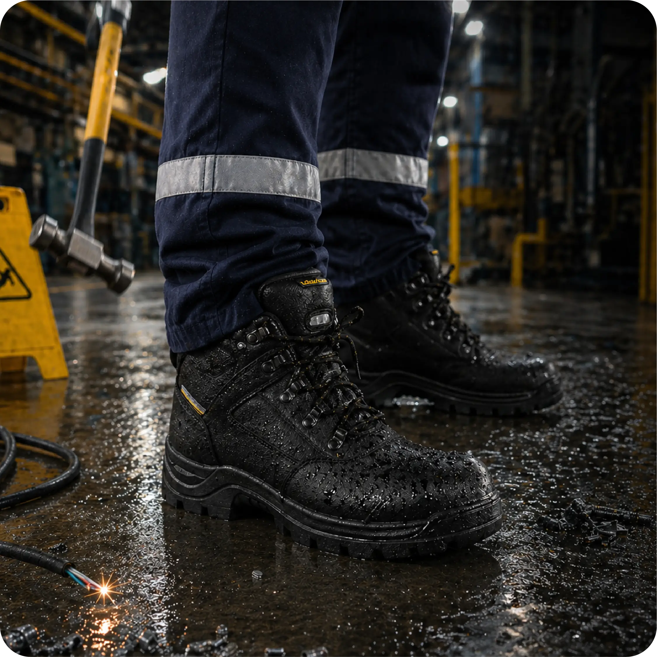 Botas de seguridad industrial negras en planta húmeda con riesgo eléctrico y herramientas de trabajo
