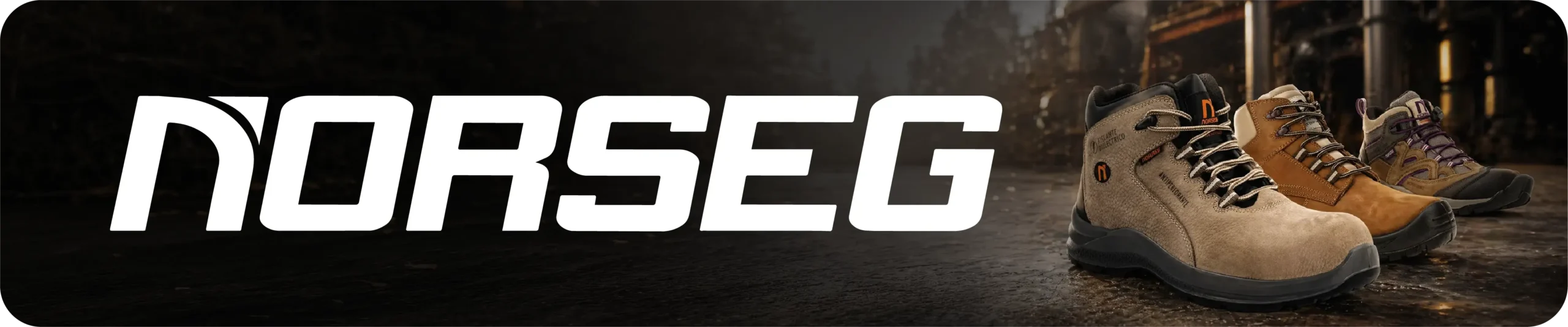 Botas de seguridad norseg en banner industrial con calzado de protección para trabajo exigente