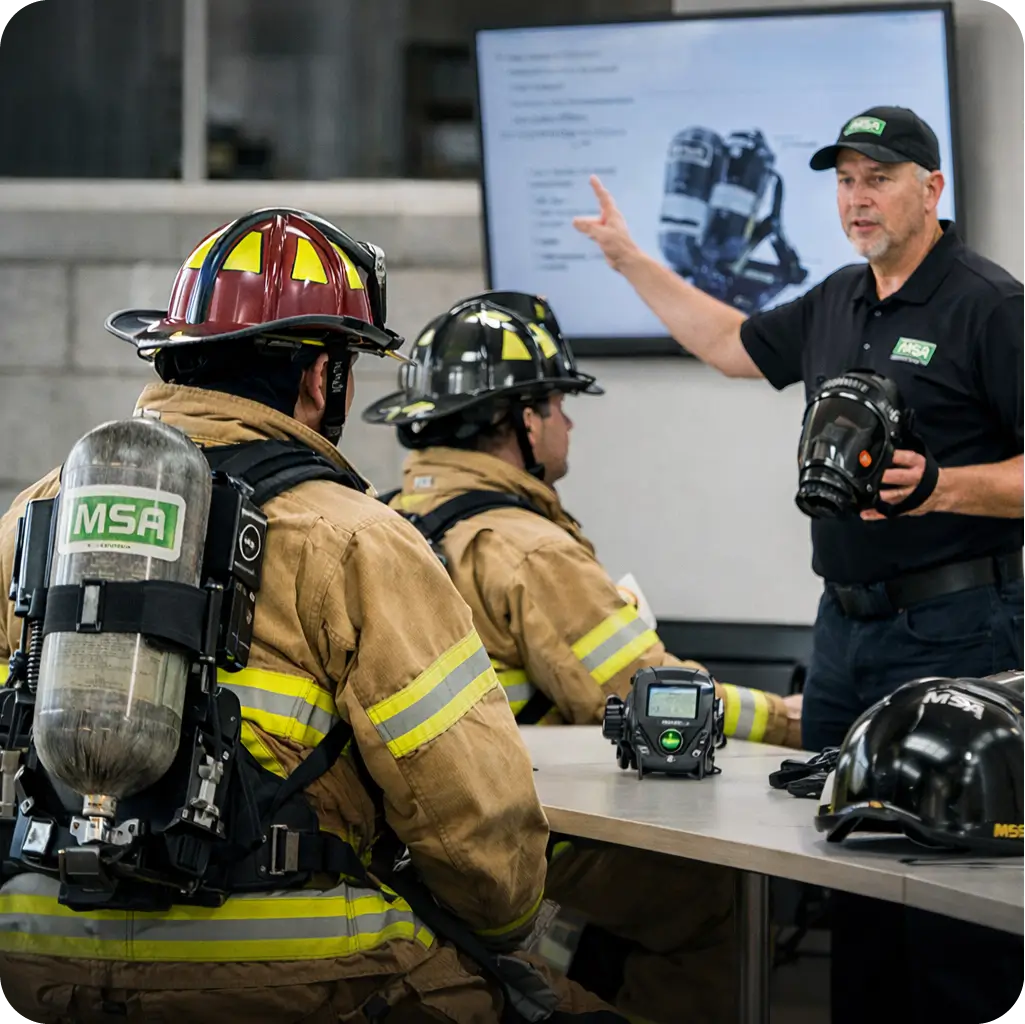 Equipos MSA bomberos Colombia en capacitación con SCBA y equipos de detección