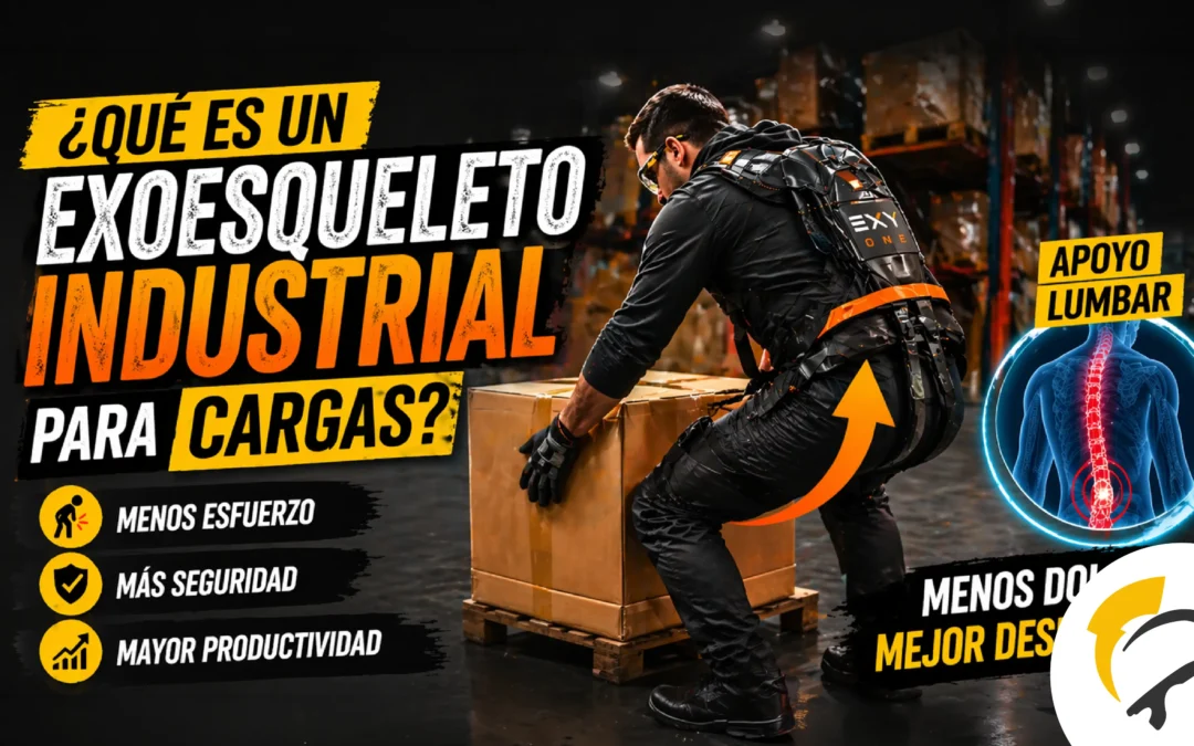 Operario usando exoesqueleto industrial para cargas en tarea de levantamiento con apoyo lumbar