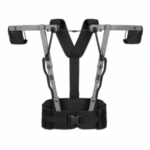 Vista frontal de exoesqueleto industrial para hombros en aplicación ergonómica industrial