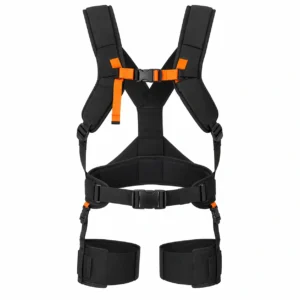 Vista frontal de exoesqueleto industrial para operarios con diseño ergonómico de asistencia mecánica