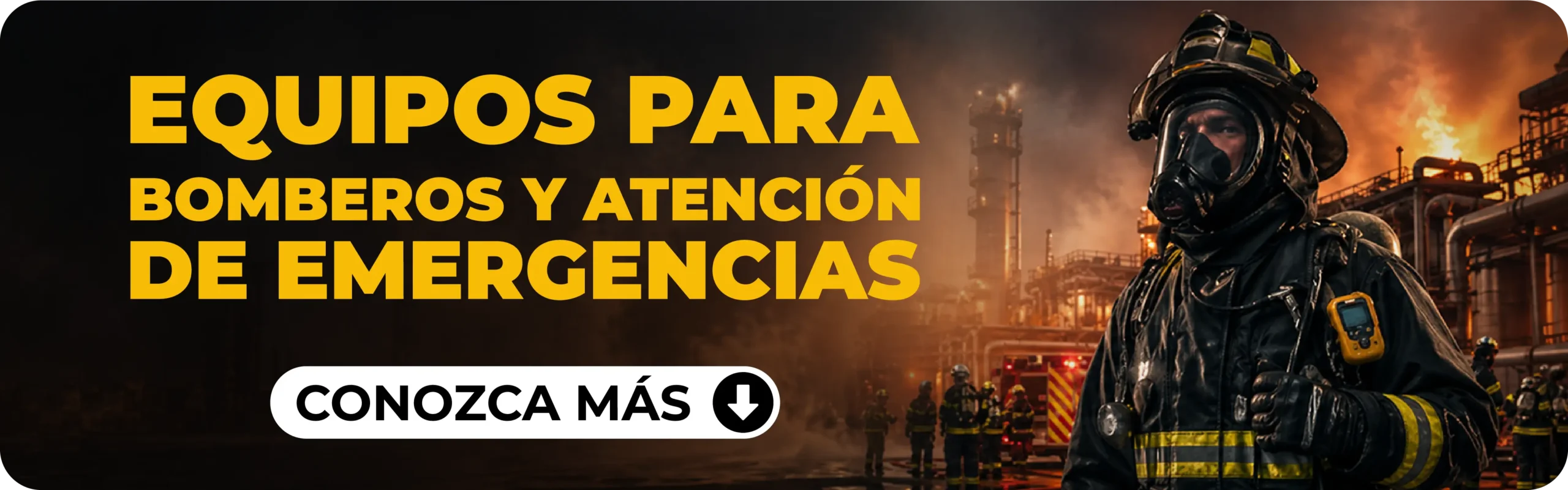 Bombero con SCBA en emergencia industrial para equipos para bomberos Colombia