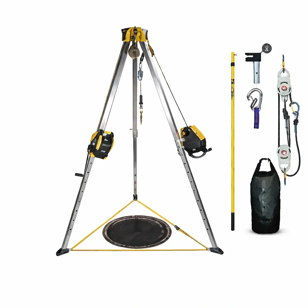 Kit rescate espacios confinados con trípode, winch y sistema de descenso para trabajos verticales industriales
