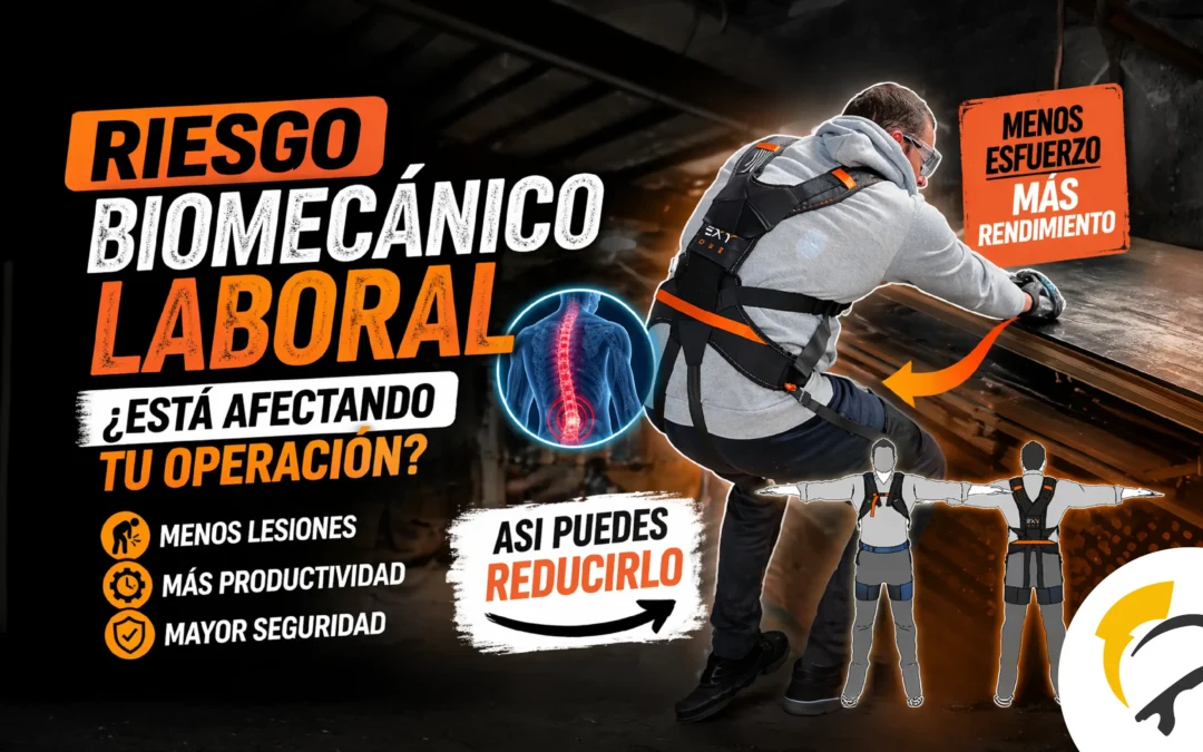 Operario usando exoesqueleto industrial para reducir el riesgo biomecánico laboral en tareas de esfuerzo físico