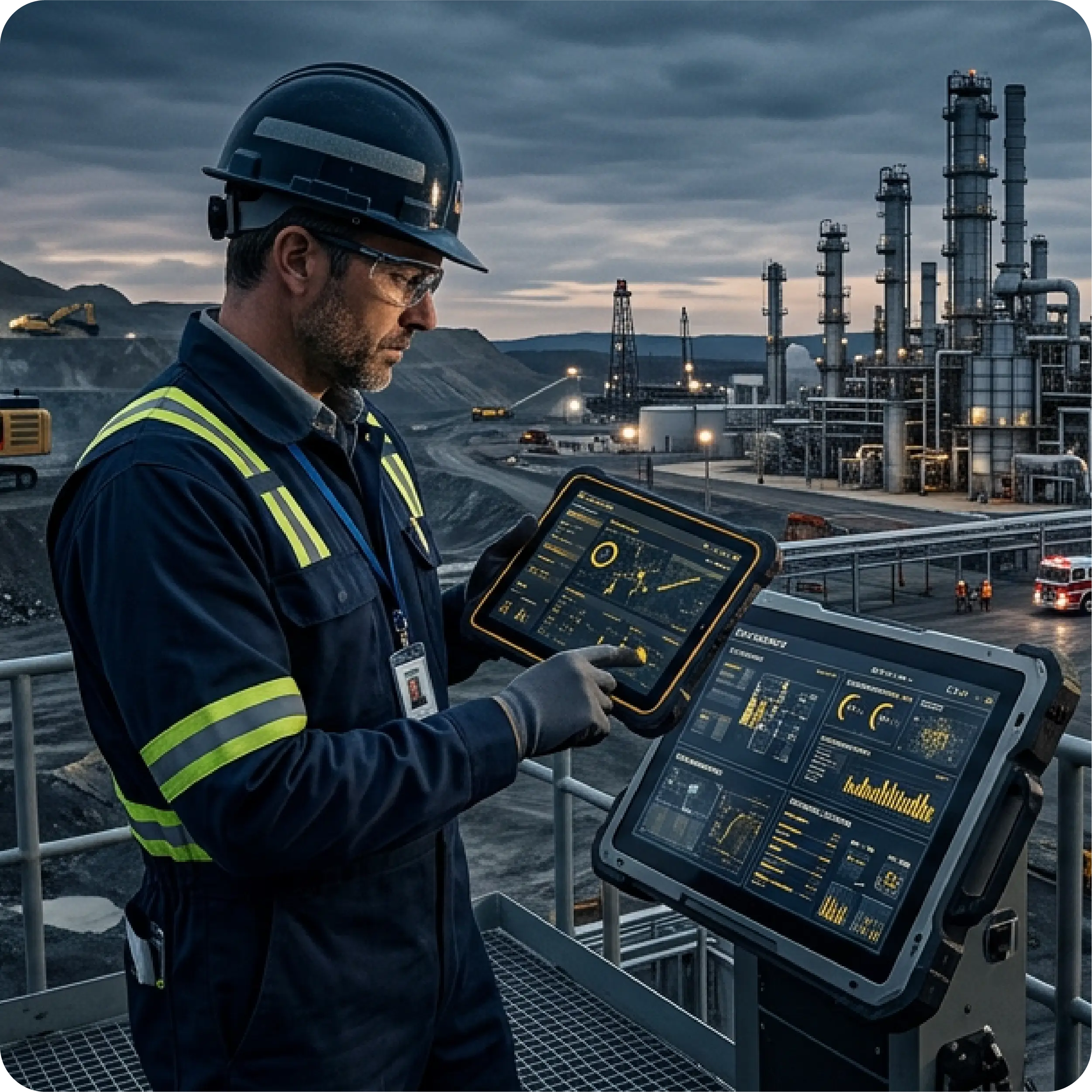 Profesional industrial usando panel digital para control operativo en mina y refinería