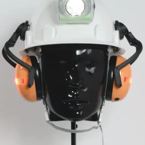 Casco de seguridad WISDOM blanco con linterna frontal y orejeras naranjas para protección industrial