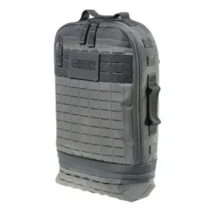 Sistema trauma combate profesional gris con panel frontal MOLLE y parche de identificación