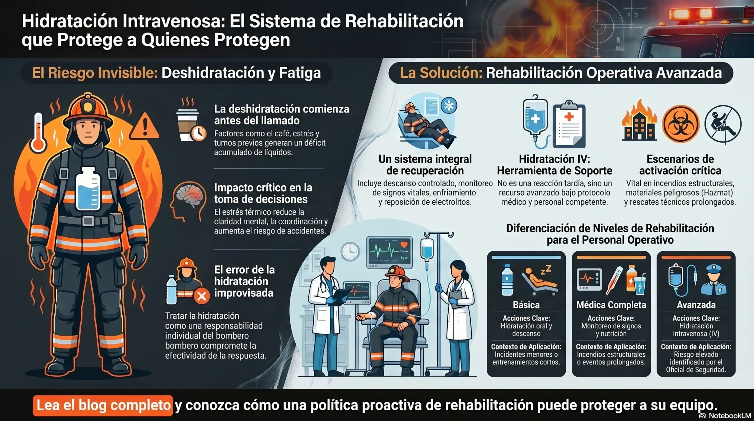Infografía sobre hidratación intravenosa para bomberos y rehabilitación operativa en emergencias