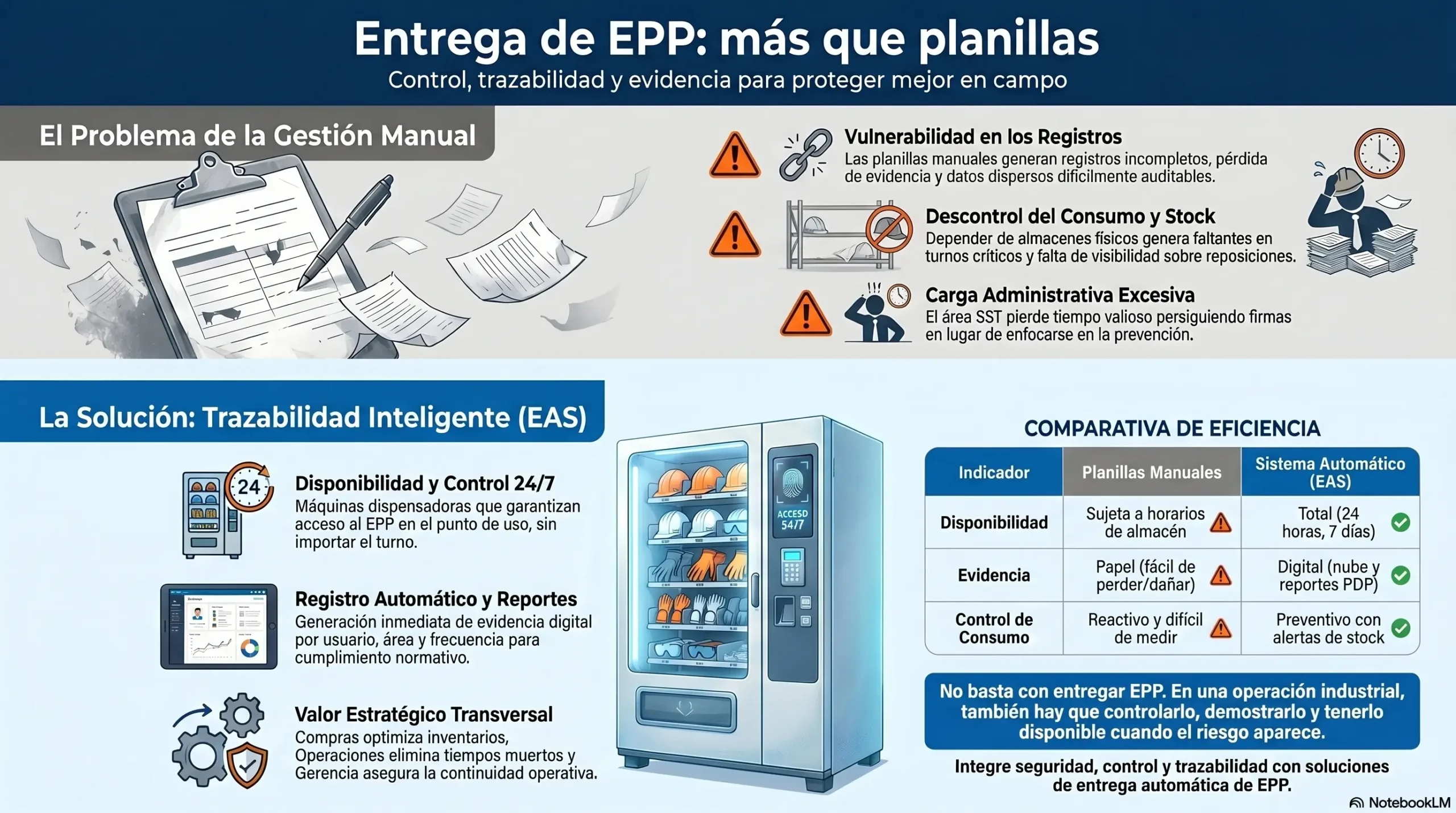 Infografía sobre entrega de EPP con trazabilidad, control SST y máquina dispensadora en empresas industriales
