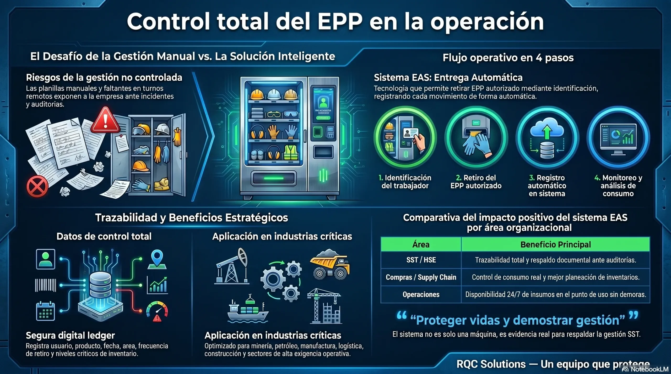 Infografía sobre máquinas expendedoras de EPP para trazabilidad, disponibilidad 24/7 y control industrial