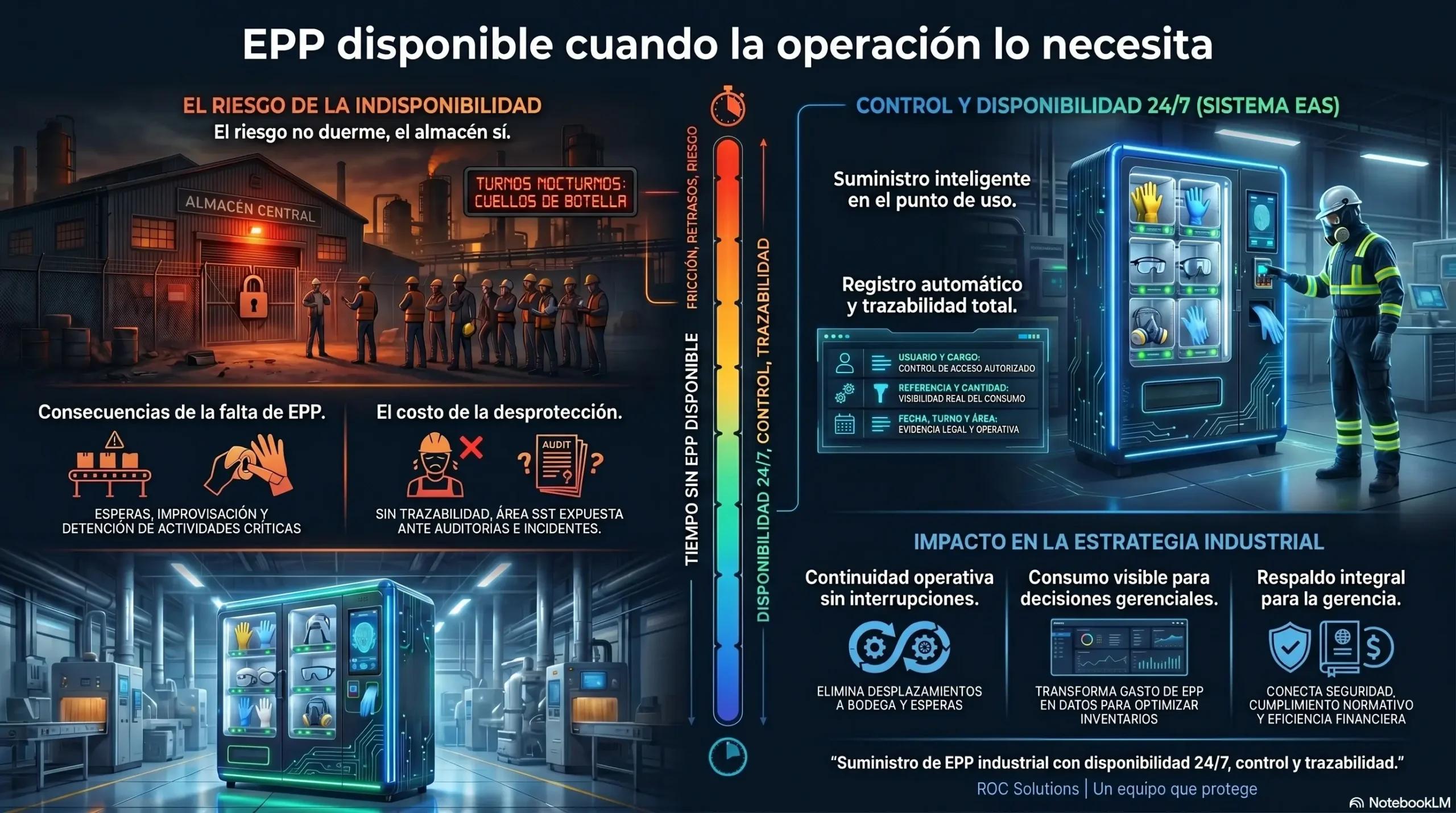 Infografía sobre suministro de EPP industrial 24/7 con control, trazabilidad y disponibilidad en turnos y frentes remotos