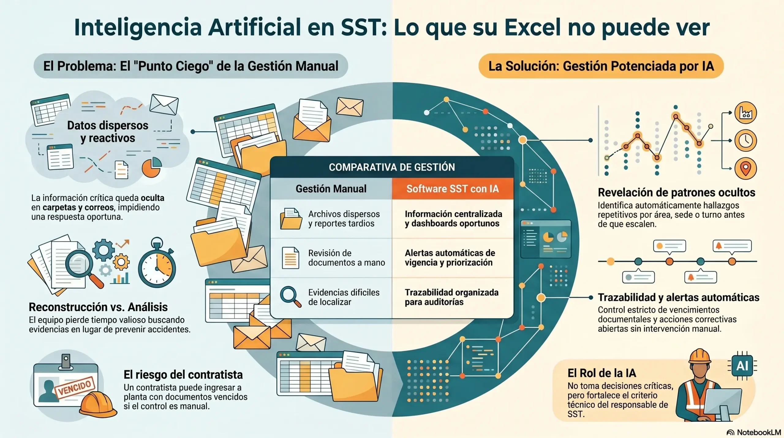 Infografía sobre inteligencia artificial en SST comparando gestión manual en Excel con software SST con IA para detectar patrones, alertas y trazabilidad