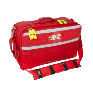 Mochila táctica de trauma MERET roja con panel MOLLE, asa superior, correa acolchada y bandas reflectivas
