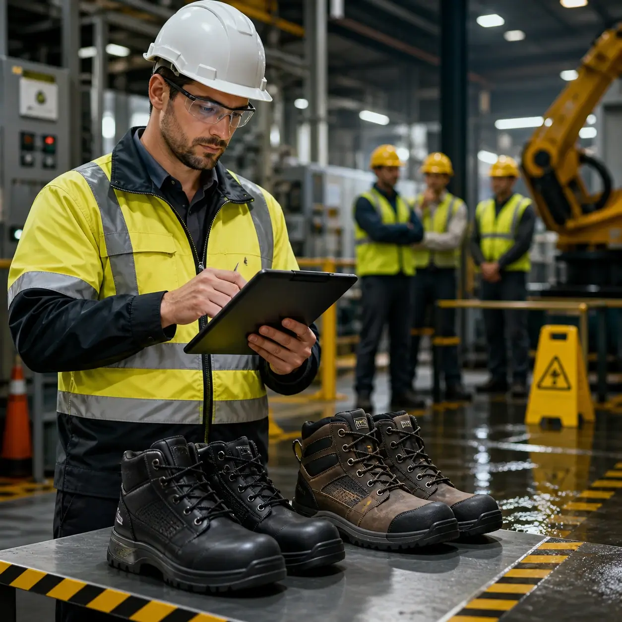 Profesional HSE evaluando calzado seguridad industrial en planta con matriz de riesgos