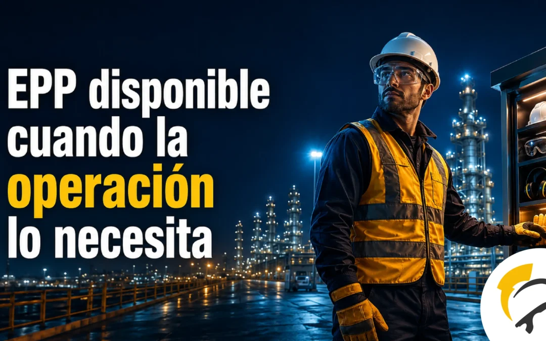 Suministro de EPP industrial disponible para operaciones 24/7 con trabajador protegido y máquina dispensadora de EPP en planta industrial