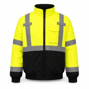 Chaqueta reflectiva alta visibilidad amarilla y negra con cintas reflectivas frontales