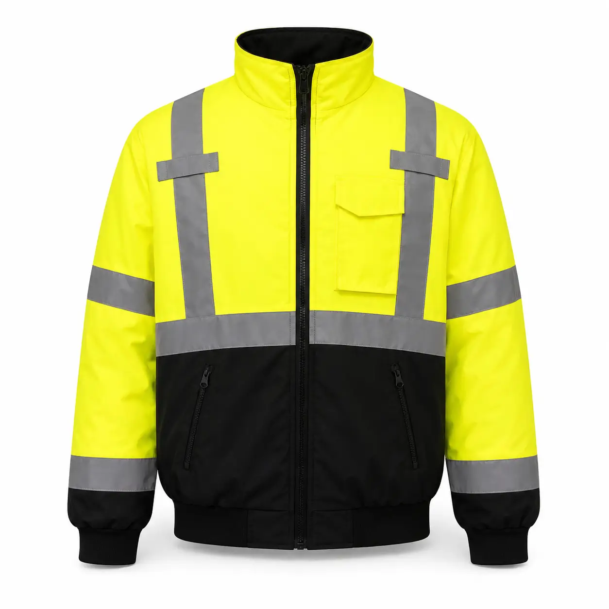 Chaqueta reflectiva alta visibilidad amarilla y negra con cintas reflectivas frontales