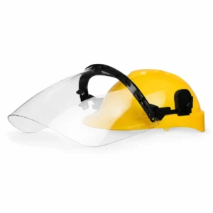 Visor facial adaptable Libus con pantalla transparente y soporte para casco amarillo