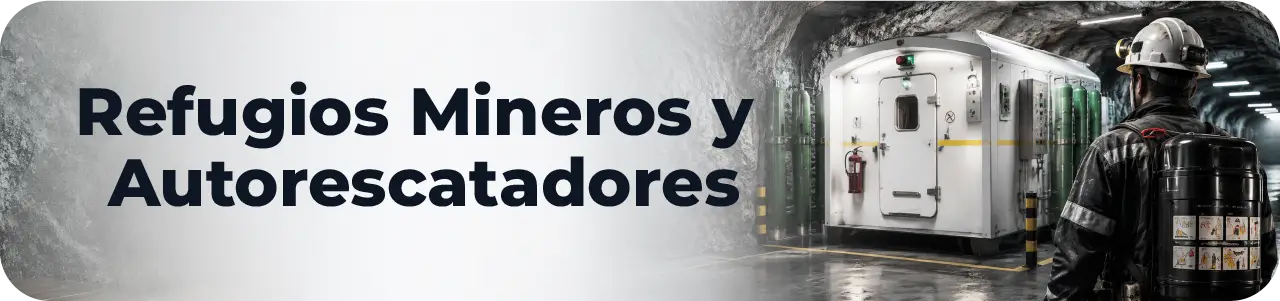 Autorescatador minero y refugios mineros en túnel subterráneo para seguridad minera y atención de emergencias.