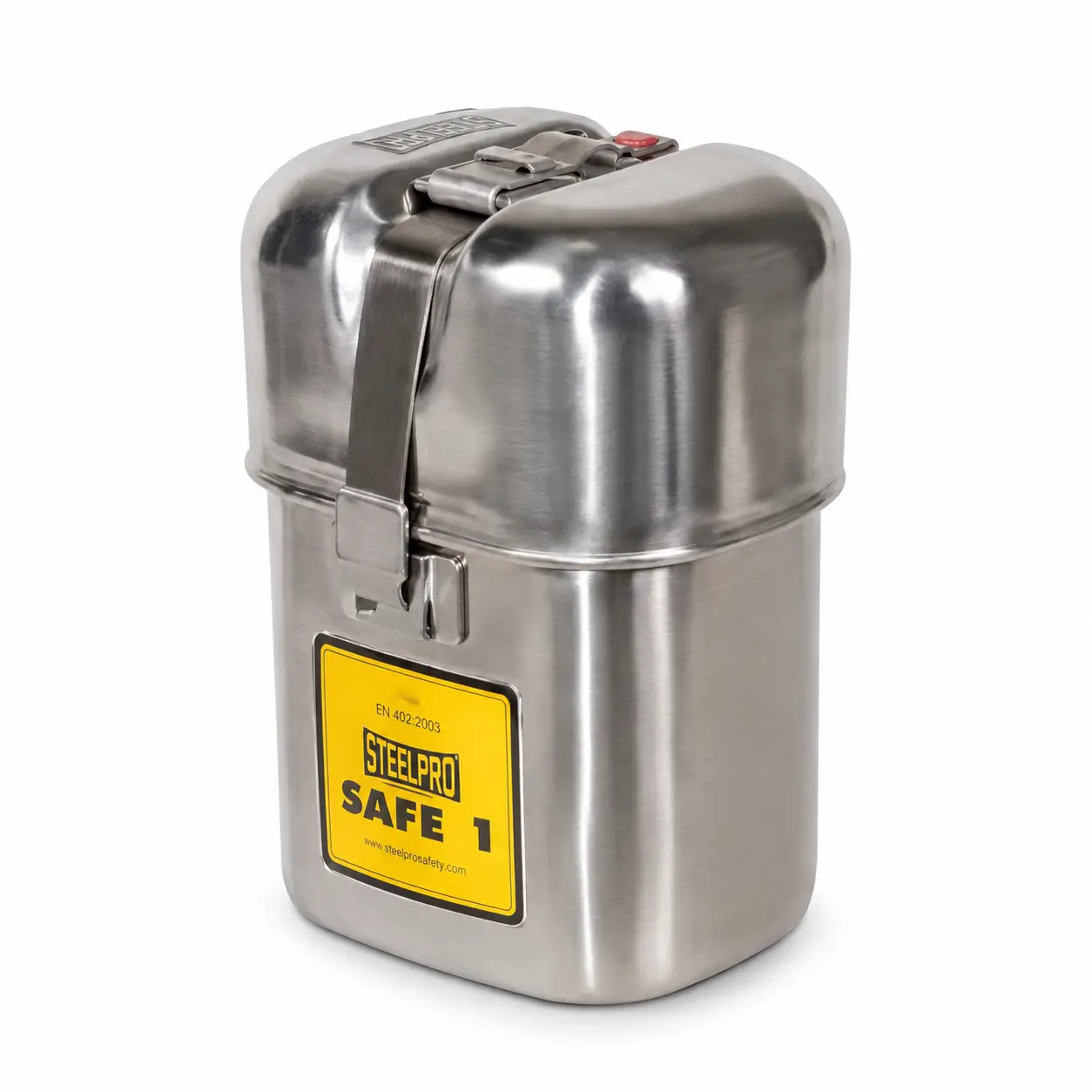 autorescatador safe 1 steelpro en caja metálica sobre fondo blanco para uso minero