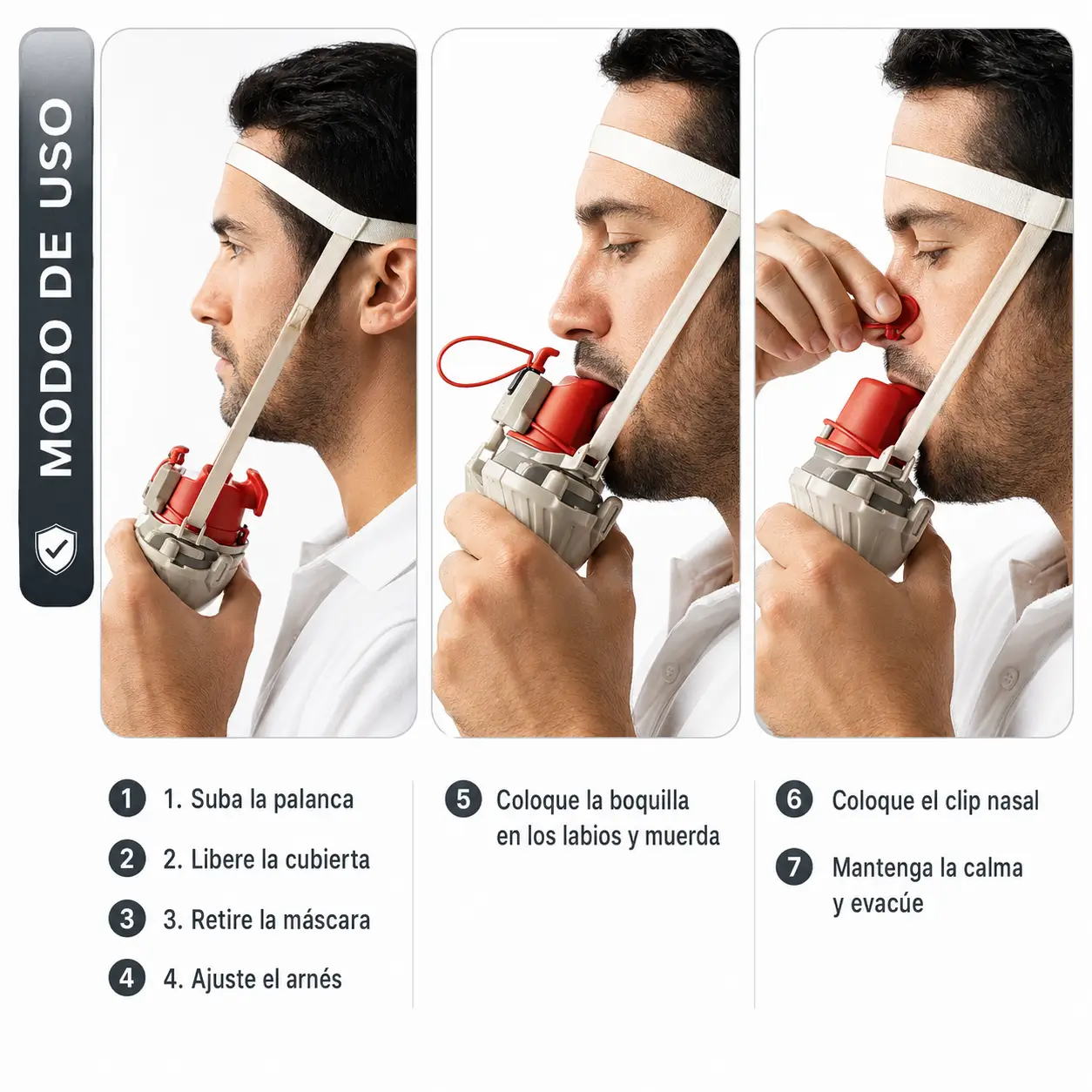 modo de uso del autorescatador safe 1 steelpro con boquilla y clip nasal