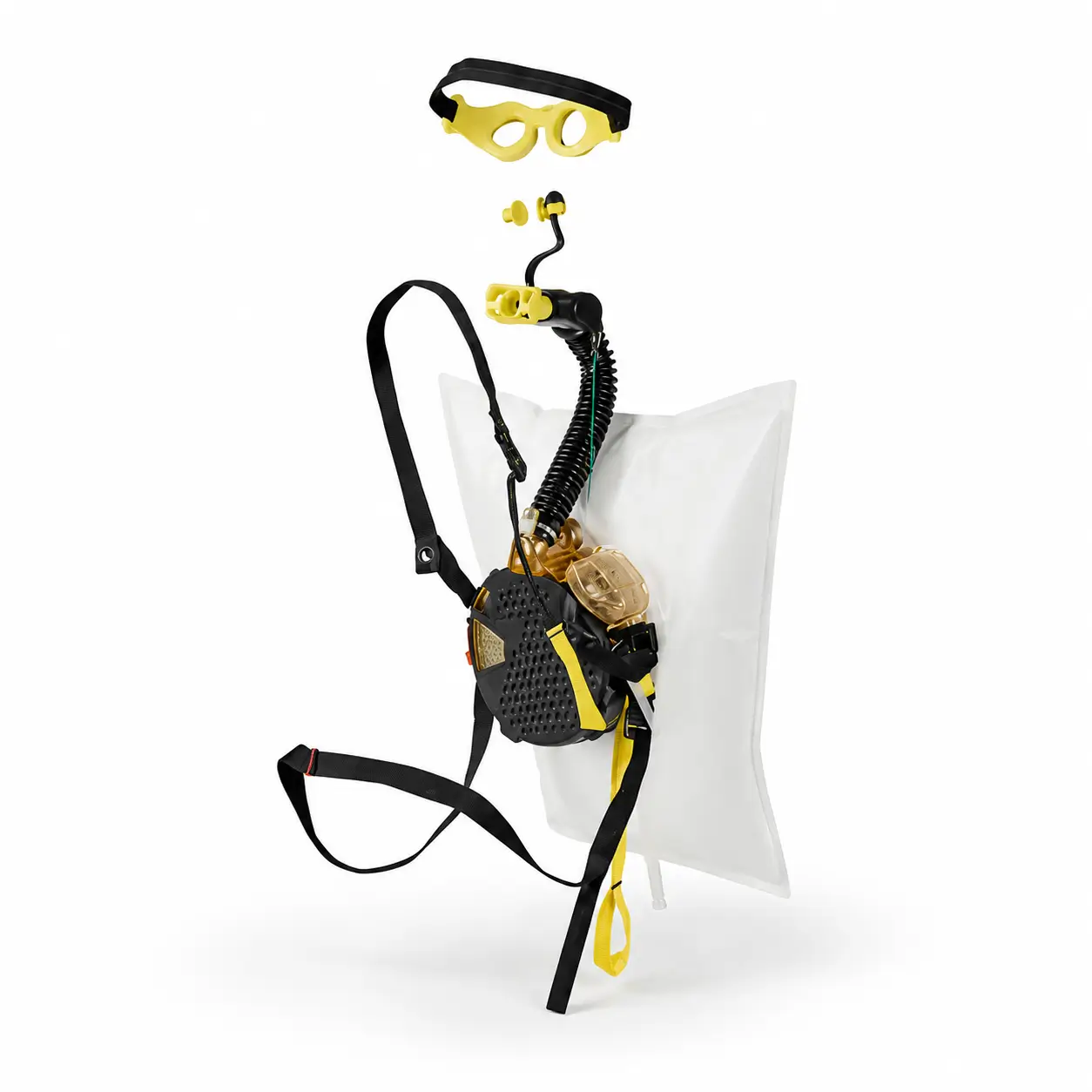 autorrescatador Dräger Oxy SR desplegado con boquilla, gafas y bolsa de respiración