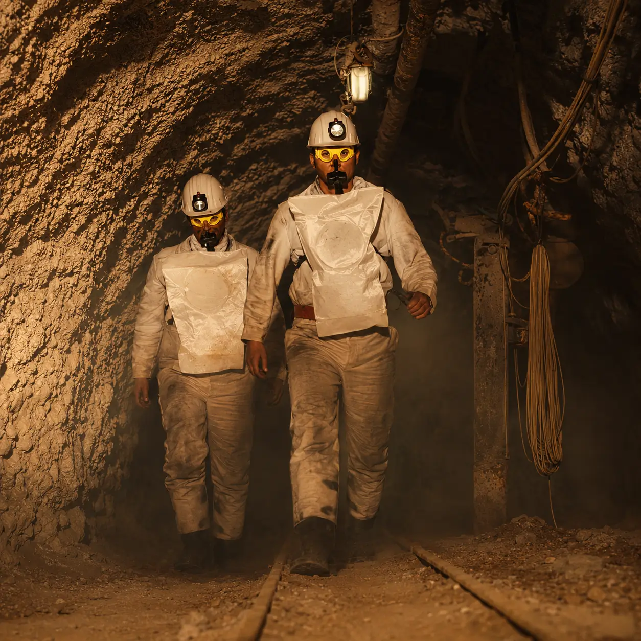 Mineros usando autorrescatador oxigeno mineria Drager durante escape en túnel subterráneo