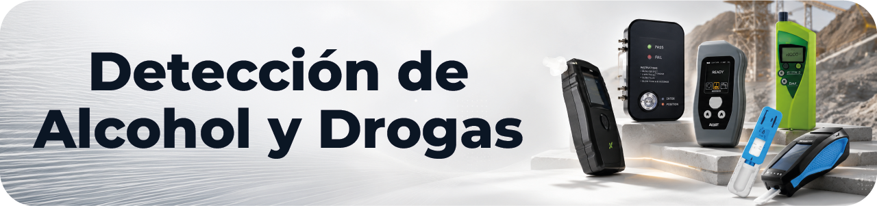 Banner con equipos para prueba de alcoholemia y detección de drogas en minería, con espacio visual para texto comercial.