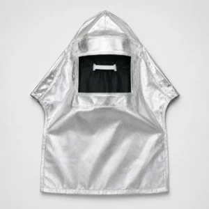 Capucha aluminizada protección térmica plateada con visor frontal para uso industrial