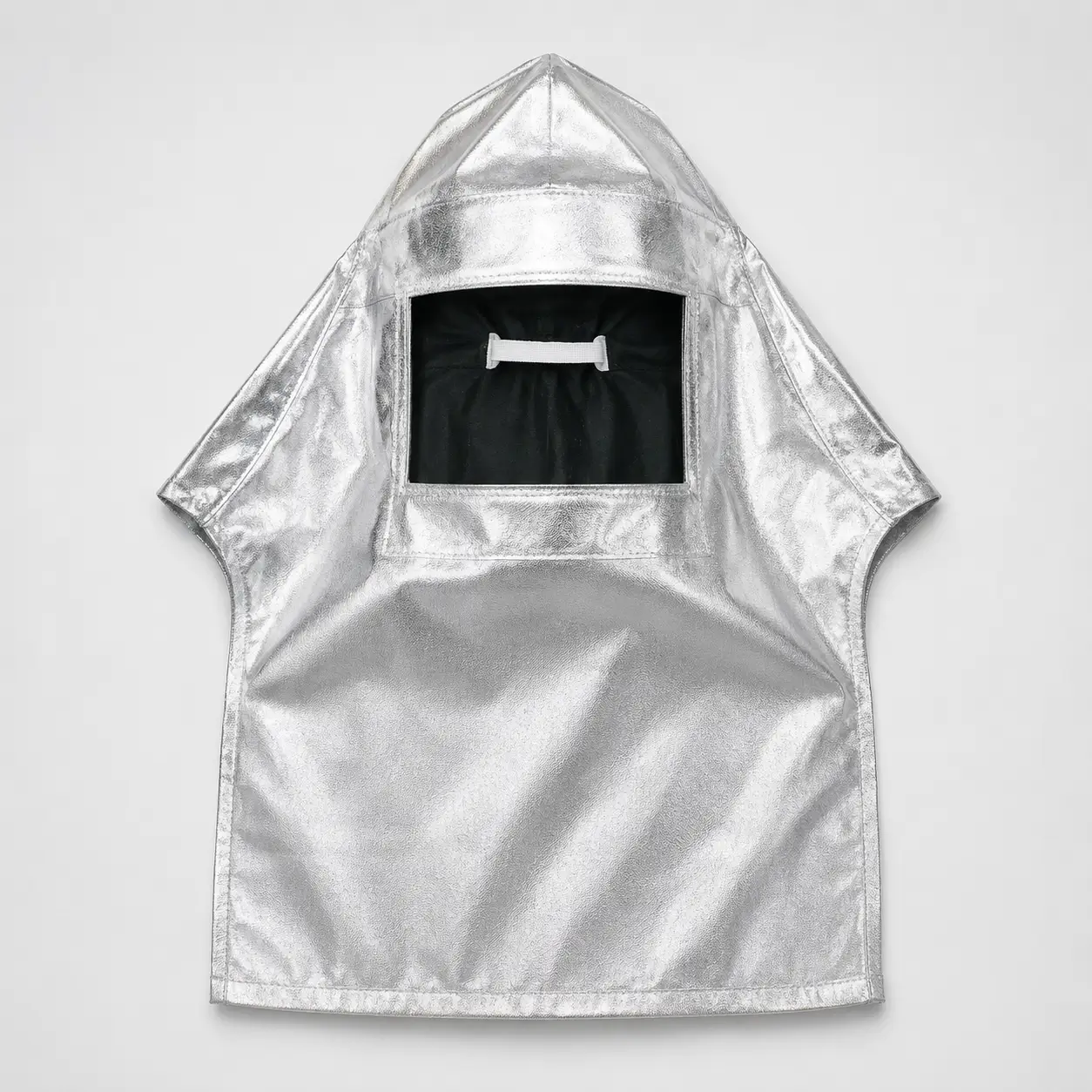 Capucha aluminizada protección térmica plateada con visor frontal para uso industrial