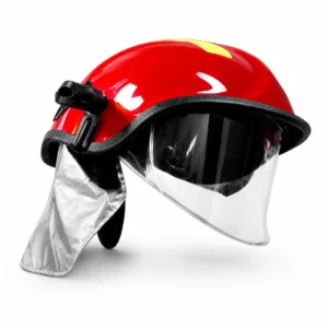 Casco bombero visor transparente rojo con cubrenuca plateado para brigadas industriales