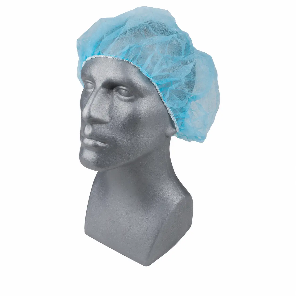 Cofia desechable azul industrial sobre maniquí gris en fondo blanco para control de cabello