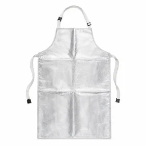 Delantal aluminizado protección térmica plateado con correas sobre fondo blanco