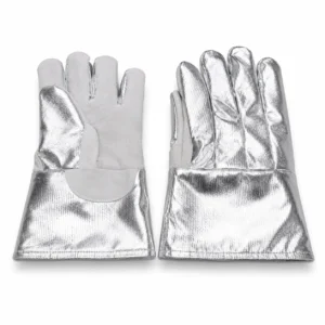 Guante aluminizado protección térmica Fyrepel en fondo blanco, vista frontal y posterior